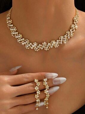 Gold Crystal Floral Choker Necklace & Earrings Set